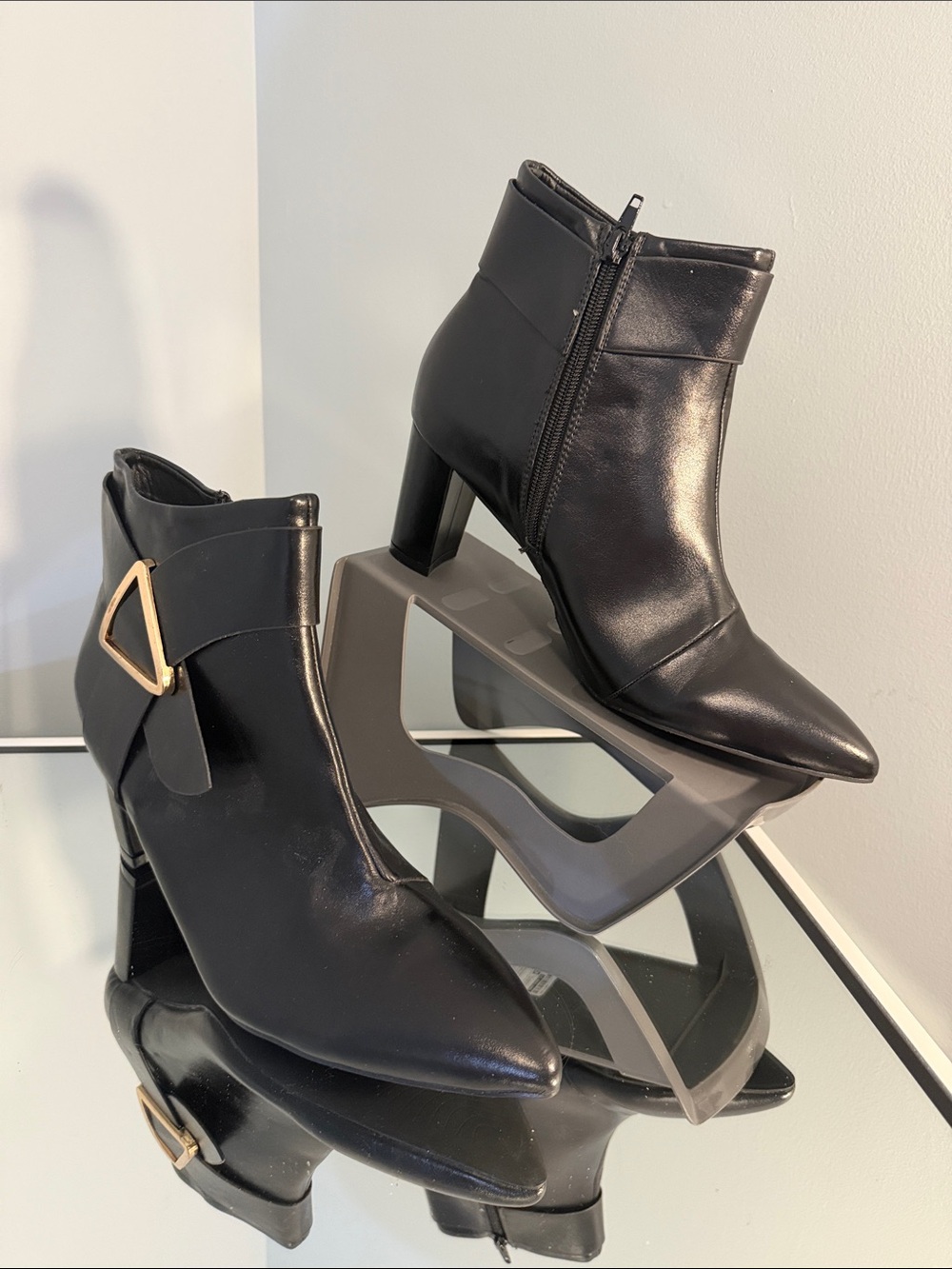 Allegra K Black Pointed Ankle Boots with Gold Buckle Accent nwot